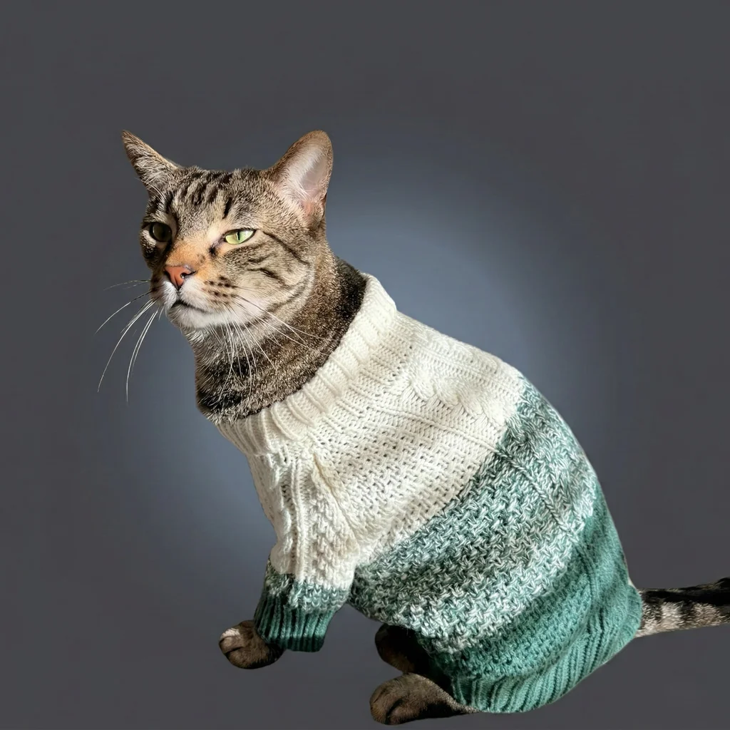 Photo of Pepper the Cat wearing a cute little sweater